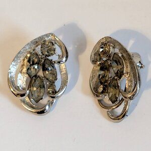 Vintage BSK Earrings, Silvertone and Light Blue Crystal, Clip ons